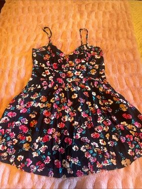 Floral Black mini dress with Pink & Teal Accents